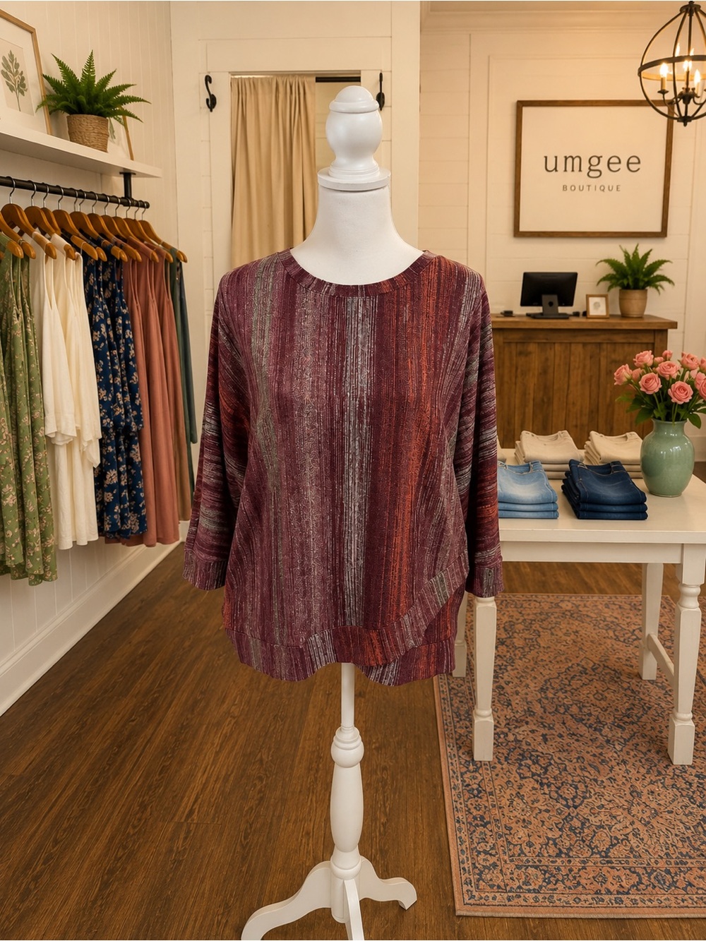 Vera Wang Large Pink Purple Abstract Stripe Top 3/4 Sleeve Oversized